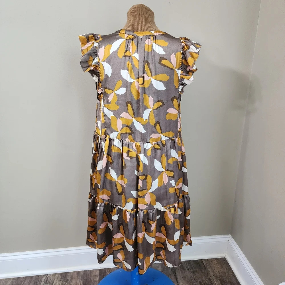 Mittoshop Floral Ruffle Sleeve Dress Tiered Mini Mocha Size S - Picture 8 of 10